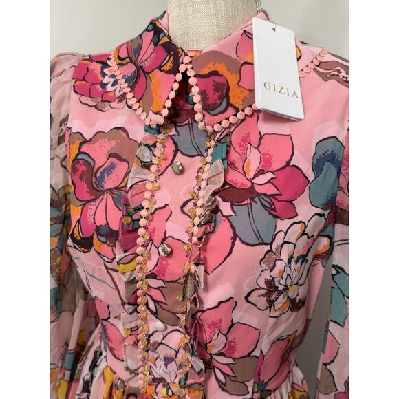 NEW Gizia Beaded Chiffon Mock Neck Midi Pink Floral M5F059 Size 36 Small Turkey - Picture 2 of 4